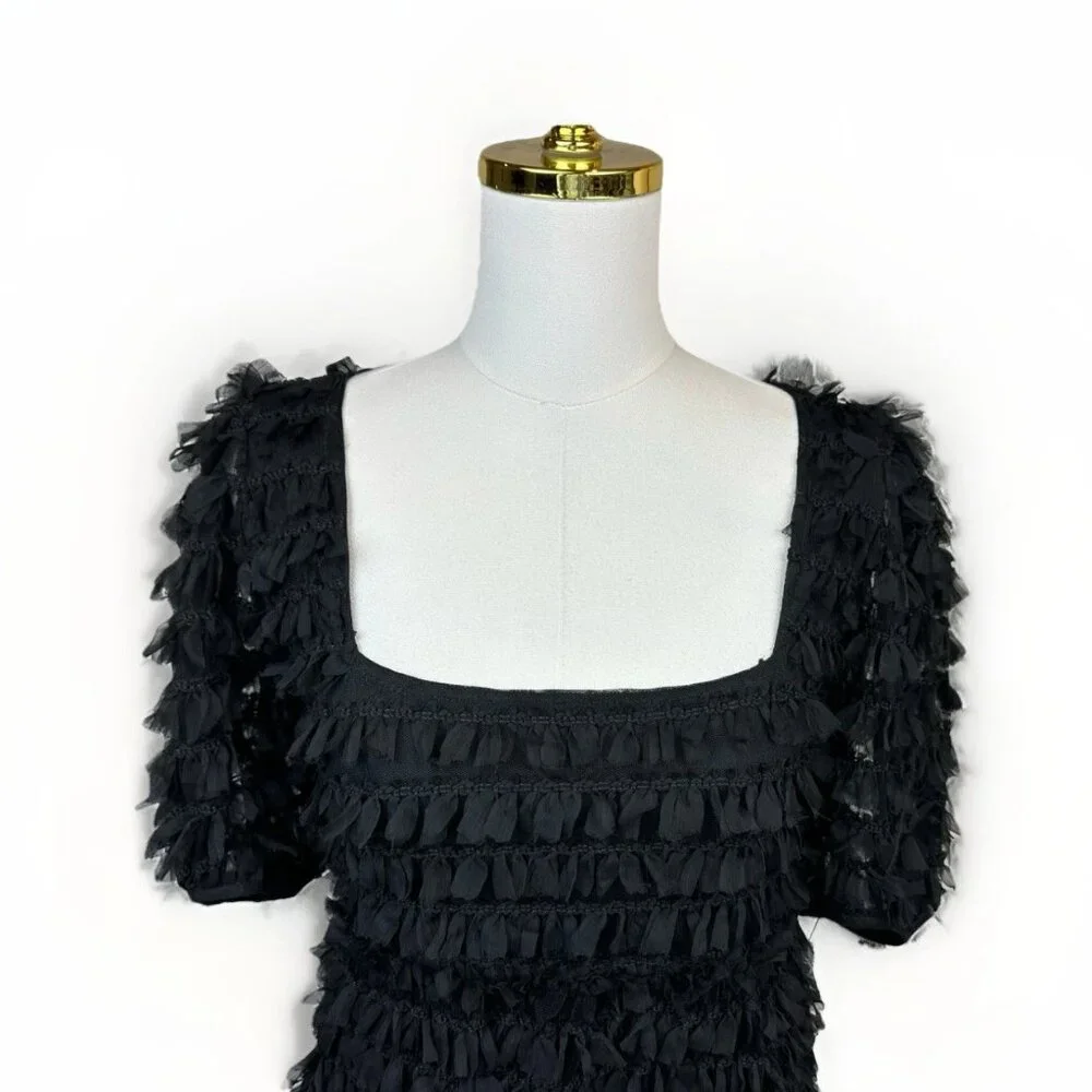 ✨ NWT Zara Black Tulle Fringe Mini Dress Small Puff Sleeve Ruffle 🖤 - Picture 7 of 16